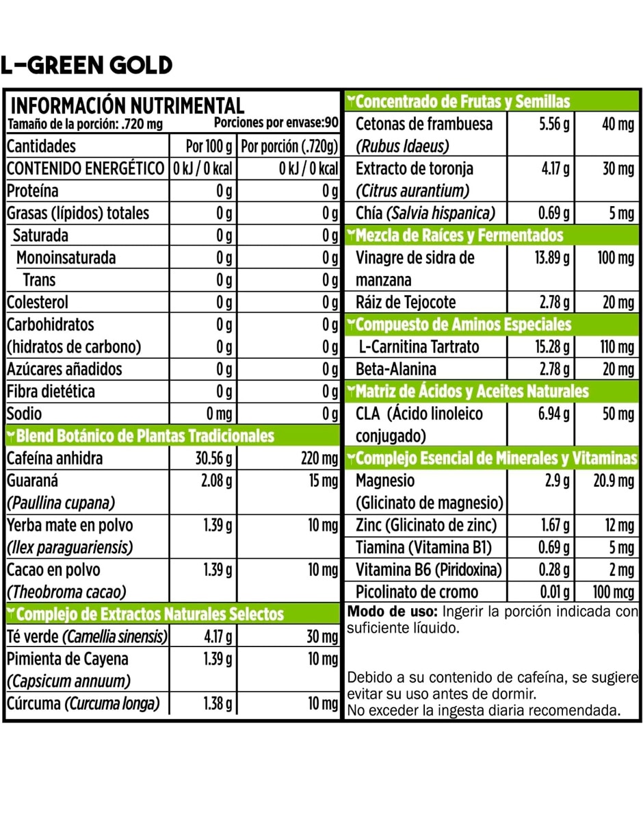 L-Green Gold vegano de origen orgánico con cafeína 90 cápsulas 2